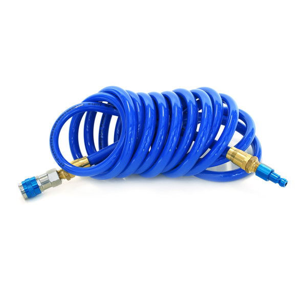 Steelman 15-Foot Coiled 3/8" ID Air Hose with Reusable 1/4" NPT Brass and Quick Connect Fittings 50043-WMQ-IND